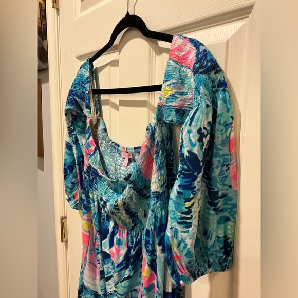 Lilly Pulitzer Trina Beach Mini Dress Tropical Print Pom Pom Detail Woman Large - Picture 11 of 15